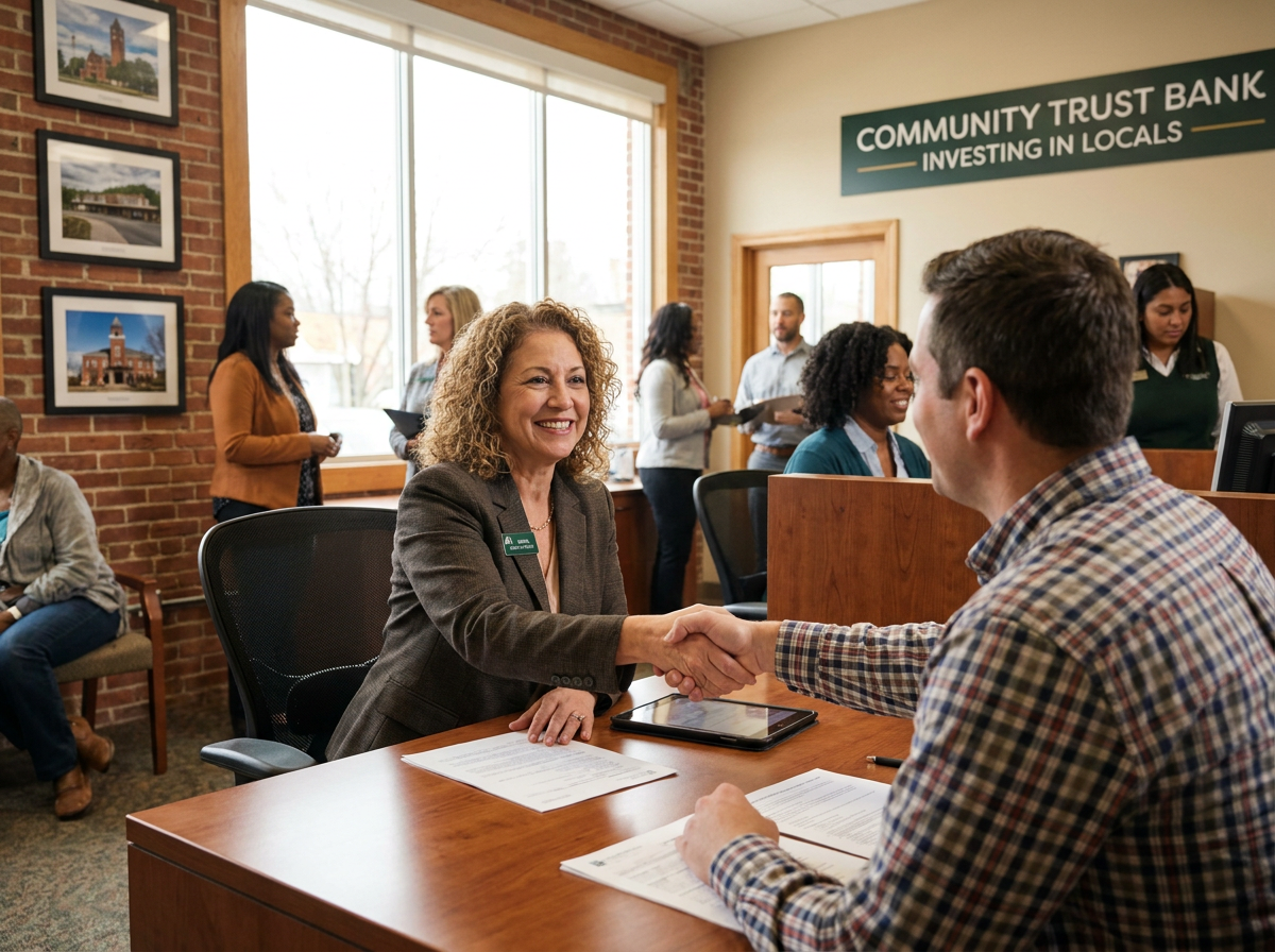 Bank loan officer shaking hands with a small business owner in a welcoming community bank setting