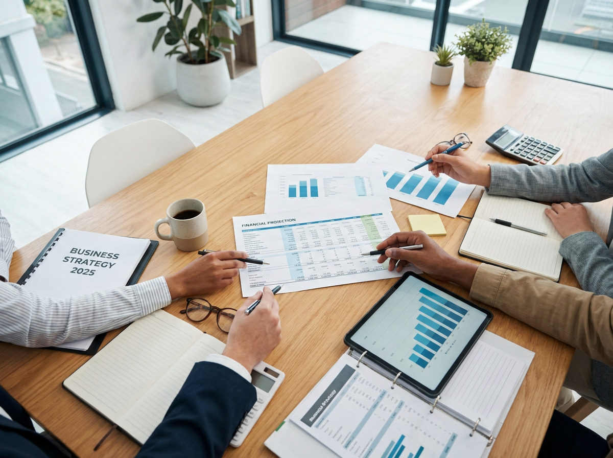 Business strategy planning session with financial charts and projections on a clean workspace