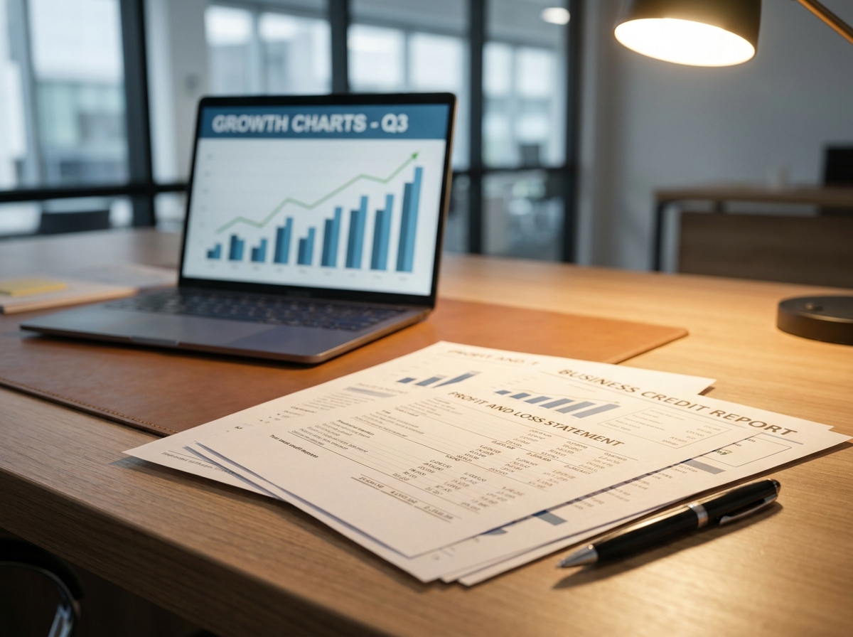 Business financial documents, credit reports and growth charts on a professional desk