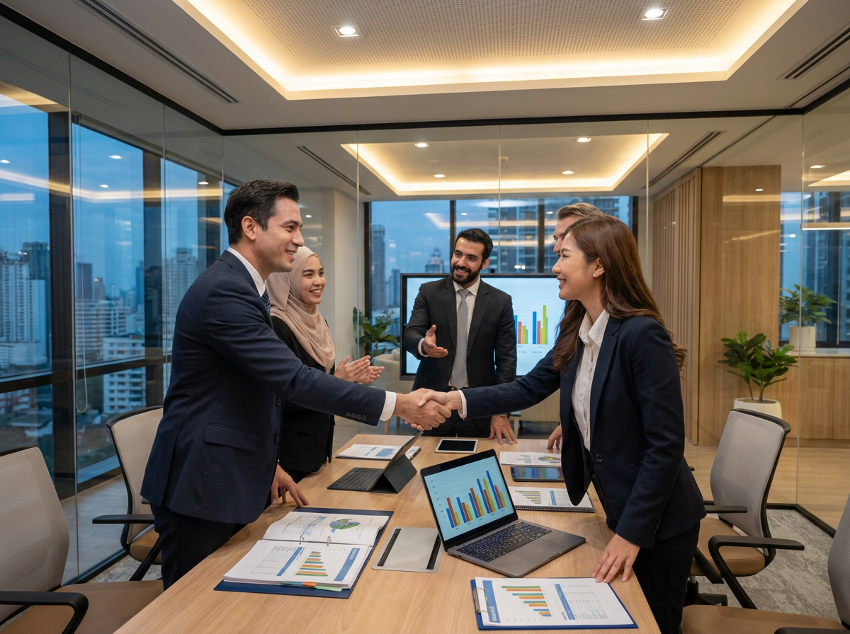 Professional business meeting discussing funding options at a modern bank