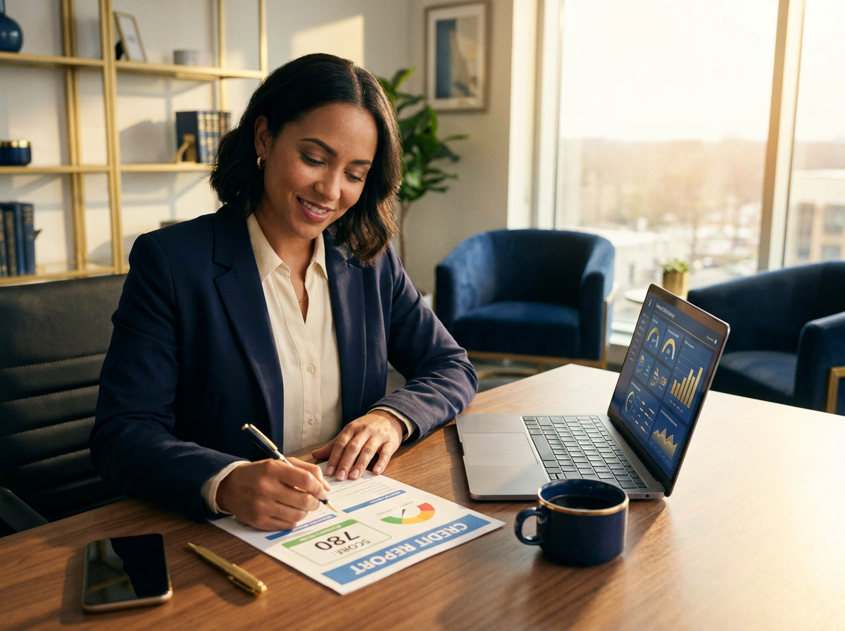 Reviewing a credit report and funding metrics while preparing for a business loan application