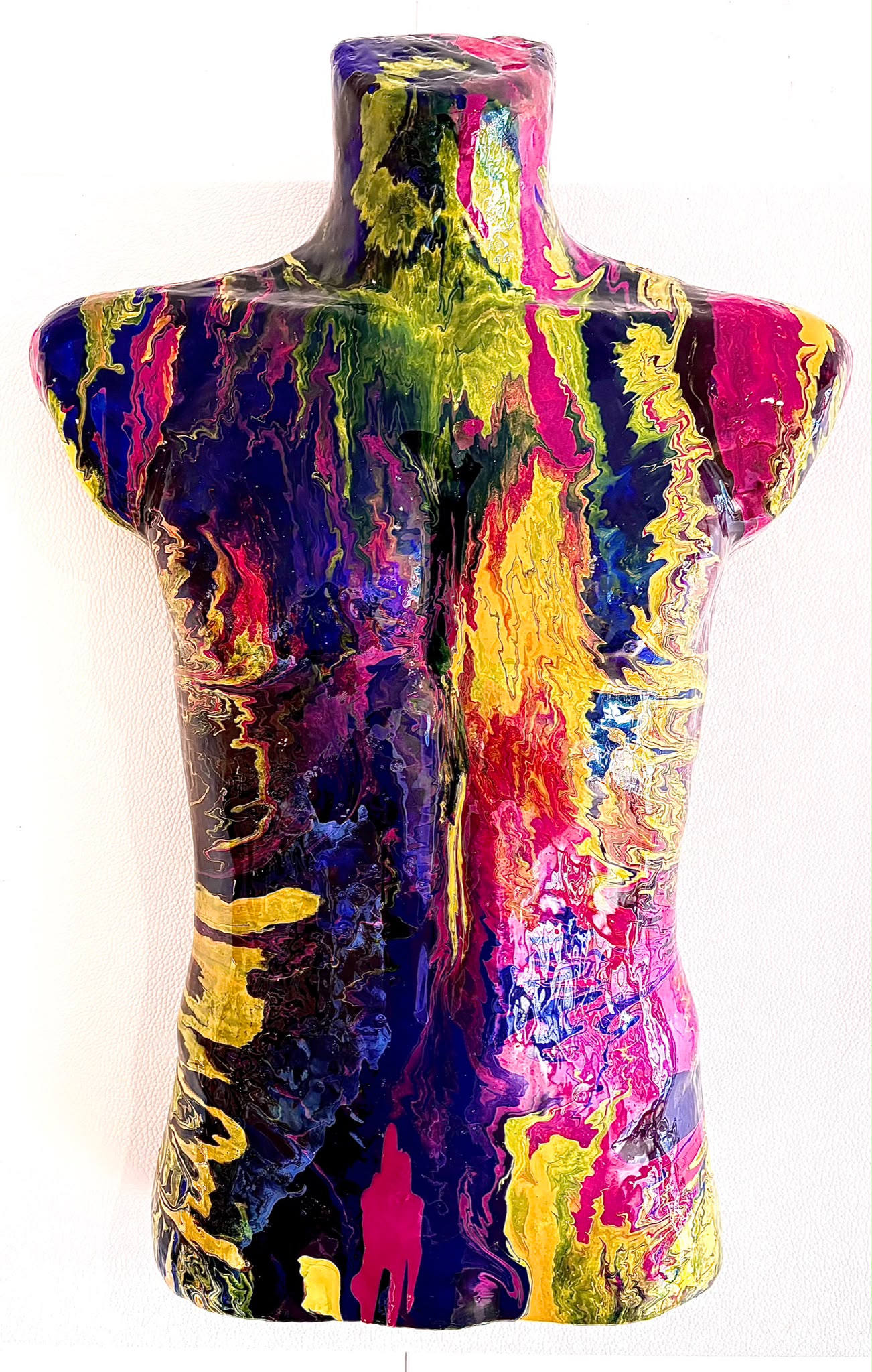 Humble Warrior After the Holi — vibrant purple, pink and yellow poured-paint bust