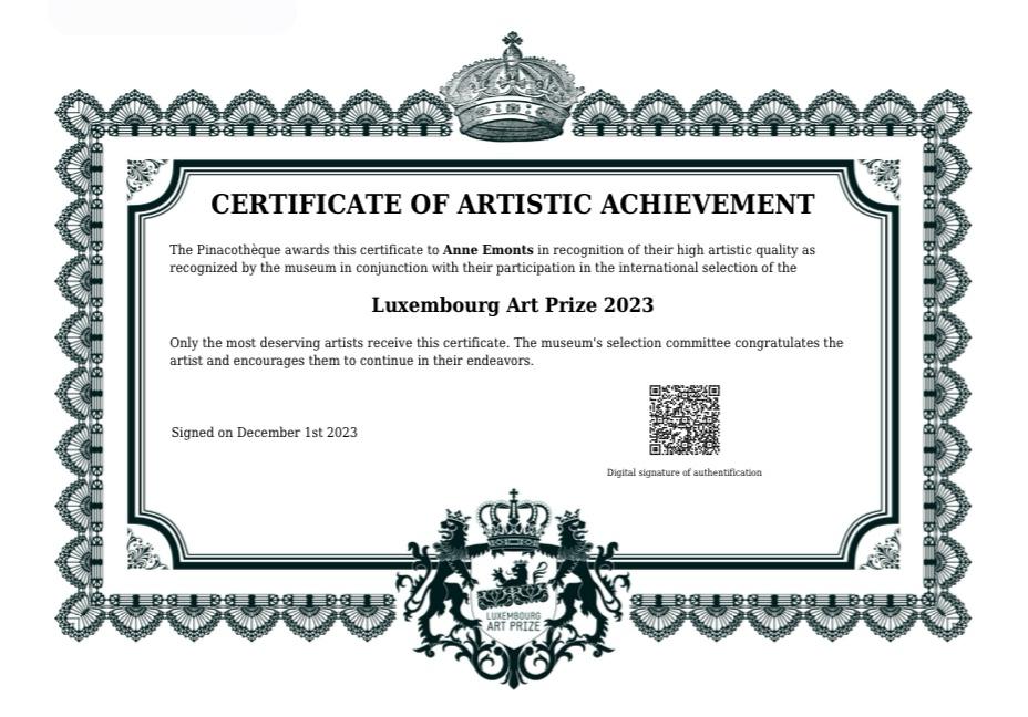 Luxembourg Art Prize 2023 certificate for Anne Emonts