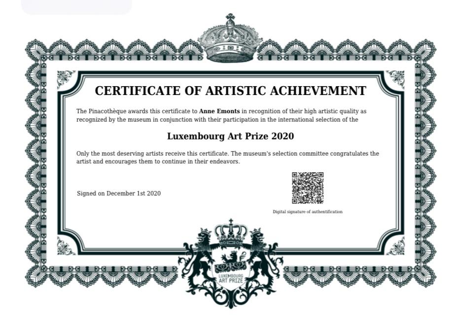 Luxembourg Art Prize 2020 certificate for Anne Emonts