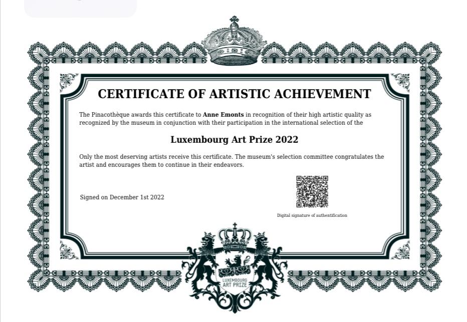 Luxembourg Art Prize 2022 certificate for Anne Emonts