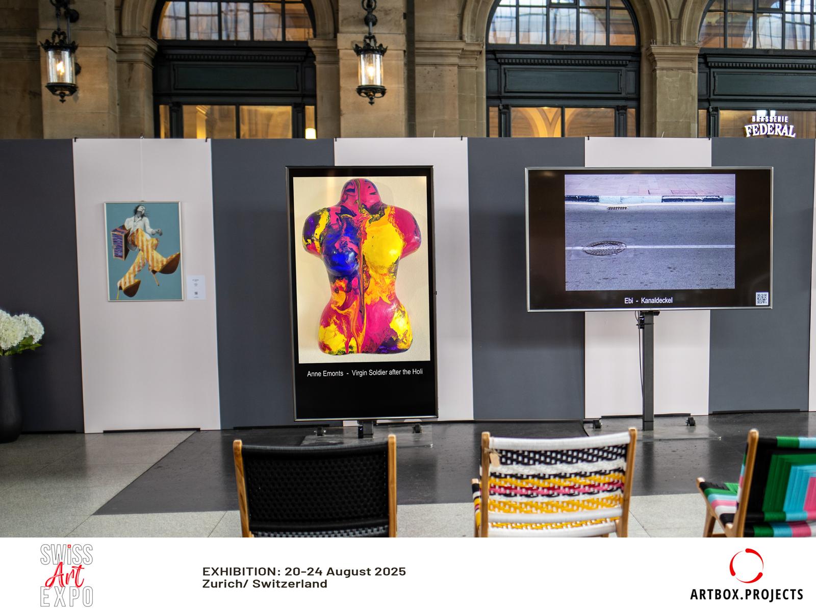Anne's 'Virgin Soldier after the Holi' displayed on digital screen at Swiss Art Expo Zürich 2025