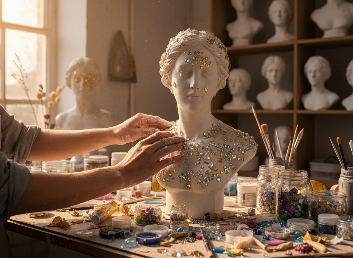 Artist studio with plaster busts and mixed media materials