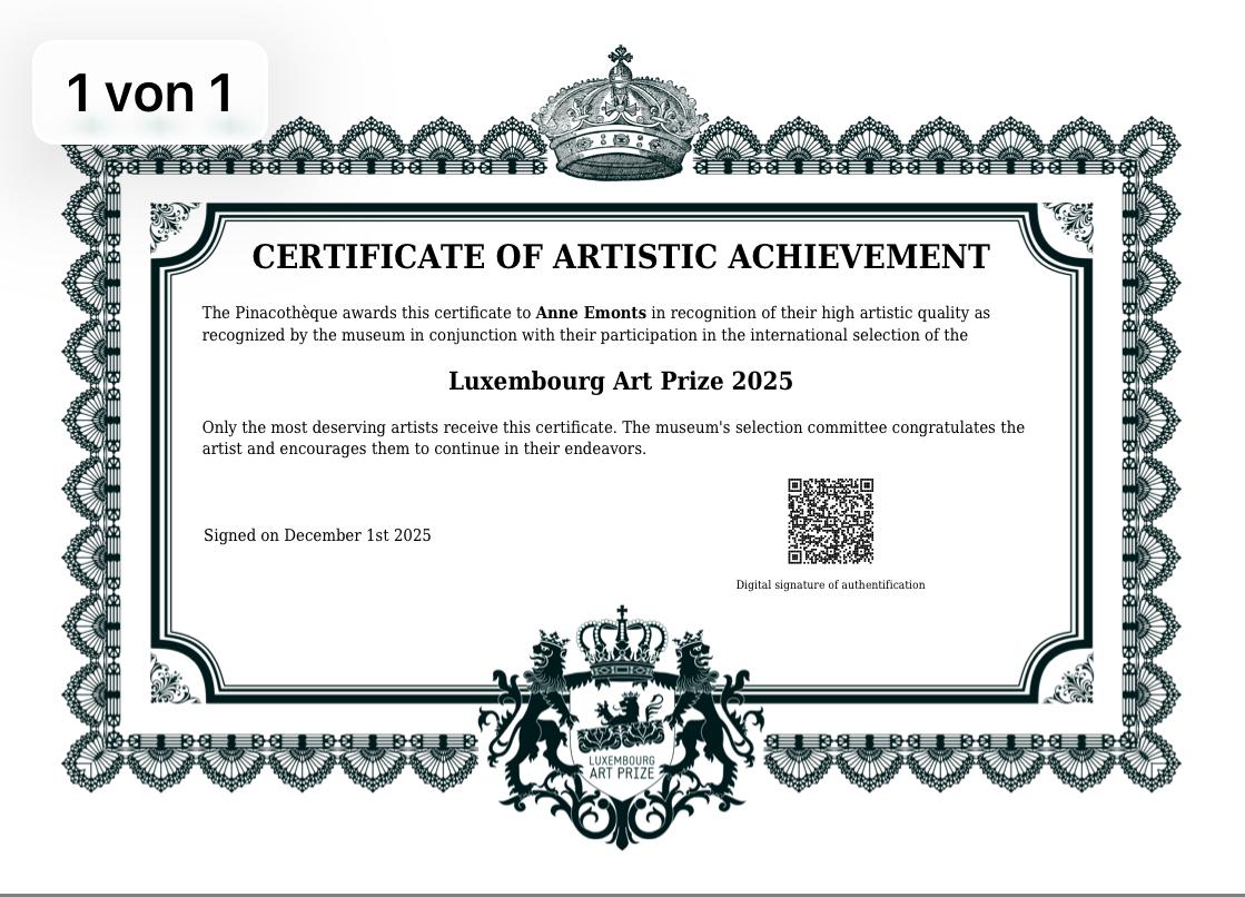 Luxembourg Art Prize 2025 certificate for Anne Emonts