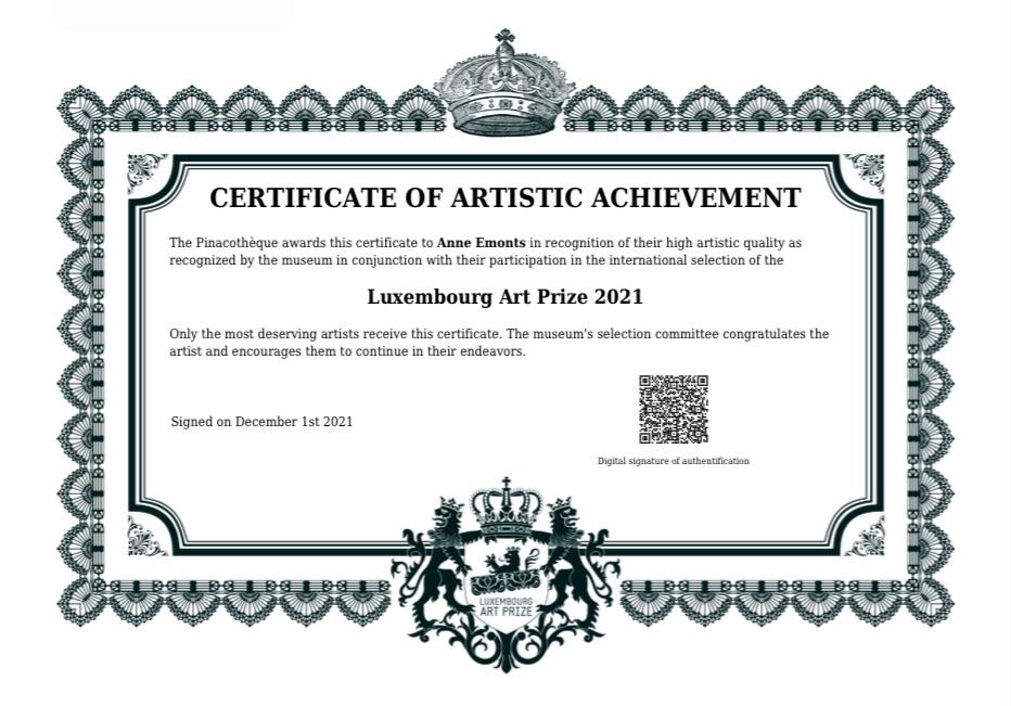 Luxembourg Art Prize 2021 certificate for Anne Emonts