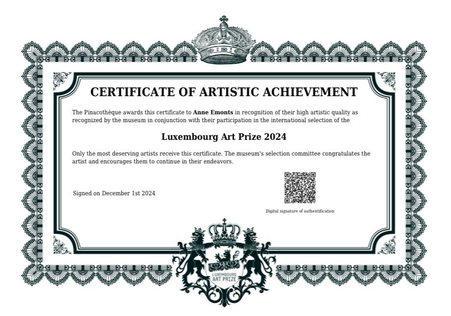 Luxembourg Art Prize 2024 certificate for Anne Emonts