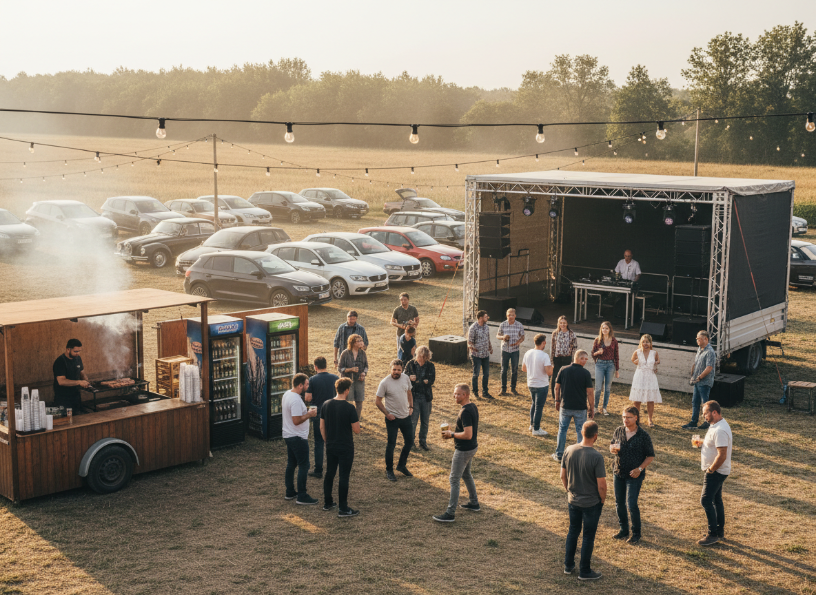 Zeitklang Festival – LKW-Bühne, Autos und Grillwagen bei Sonnenuntergang