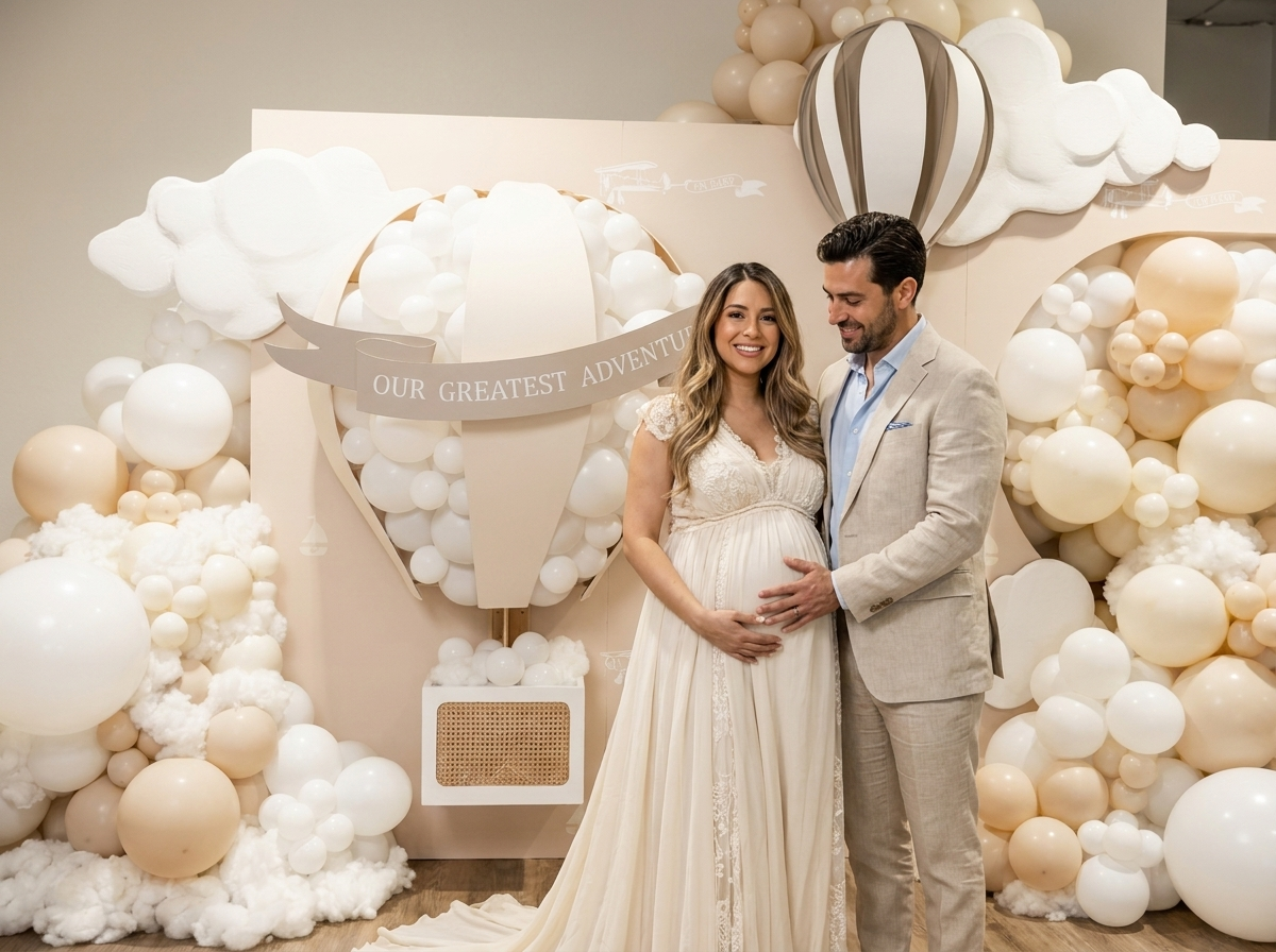 Baby shower with expecting couple in front of elegant balloon and floral backdrop