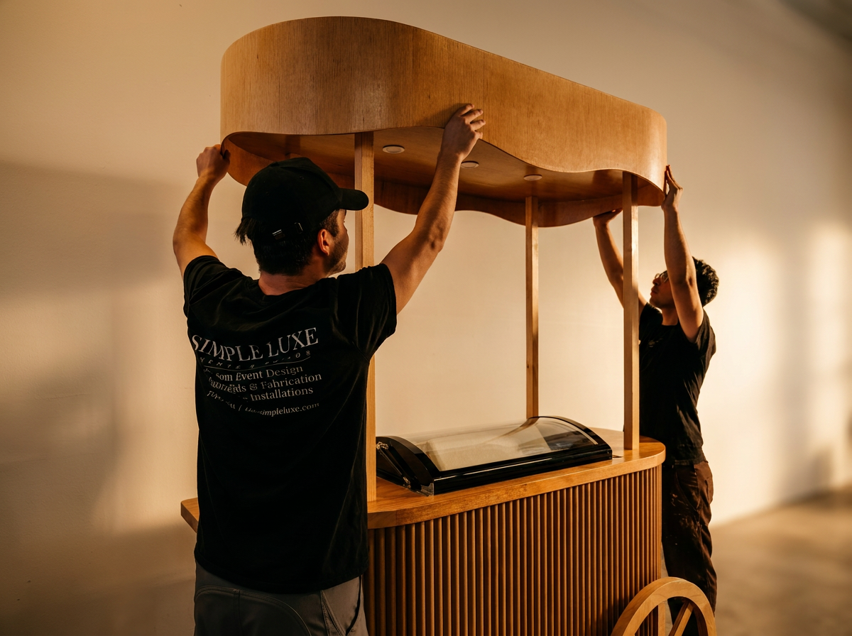 The Simple Luxe team building a custom wooden cart