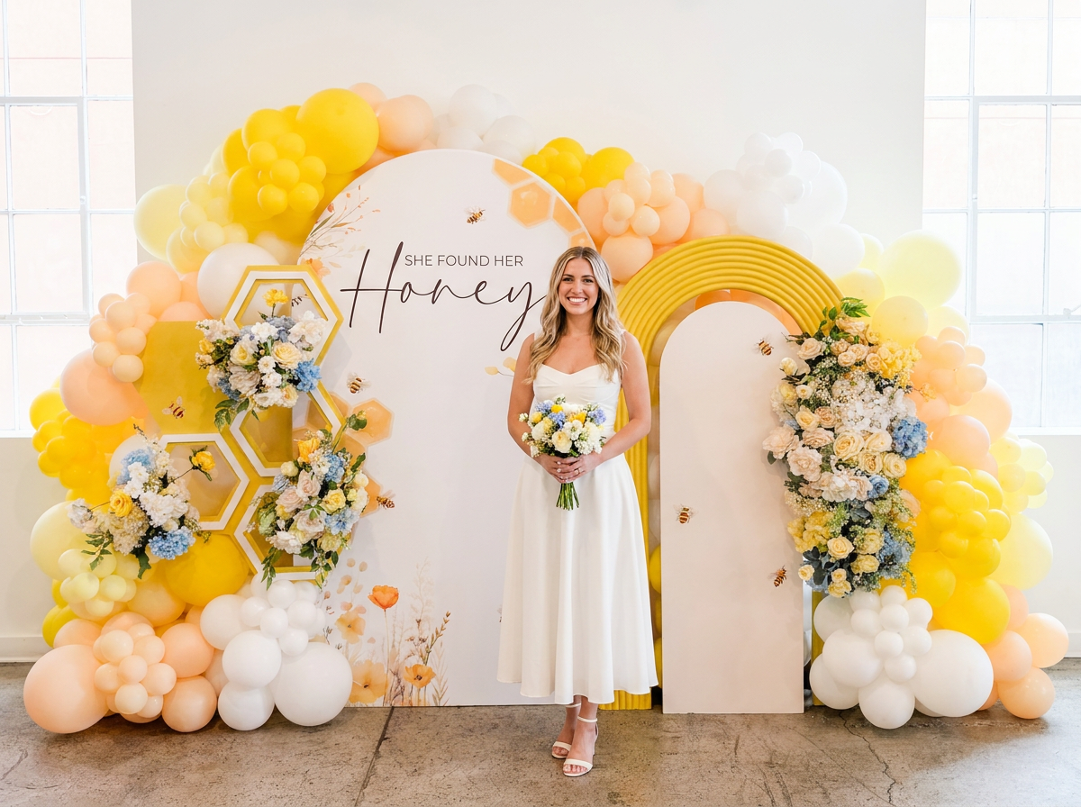 She Found Her Honey bridal shower with bride-to-be in front of custom balloon arch