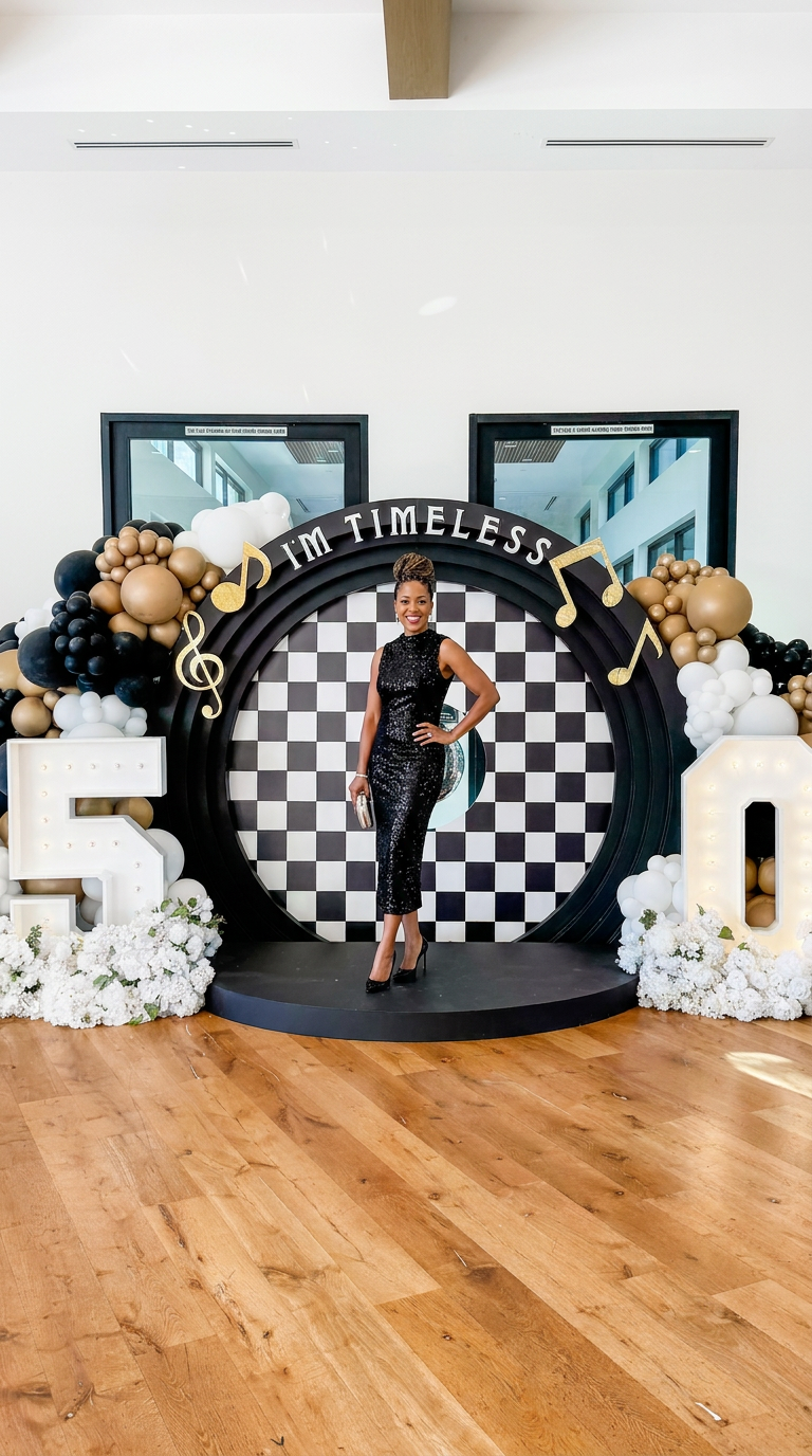 50th birthday milestone celebration with custom I'm Timeless backdrop and balloon installation