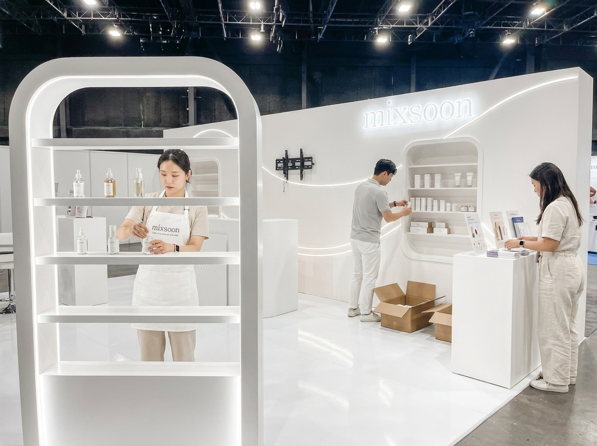 Mixsoon trade show booth with brand employees setting up