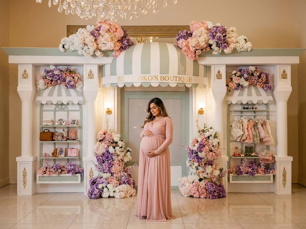 Elegant boutique backdrop with expecting mother