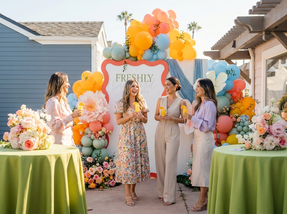 Elegant baby shower with guests, balloons and florals