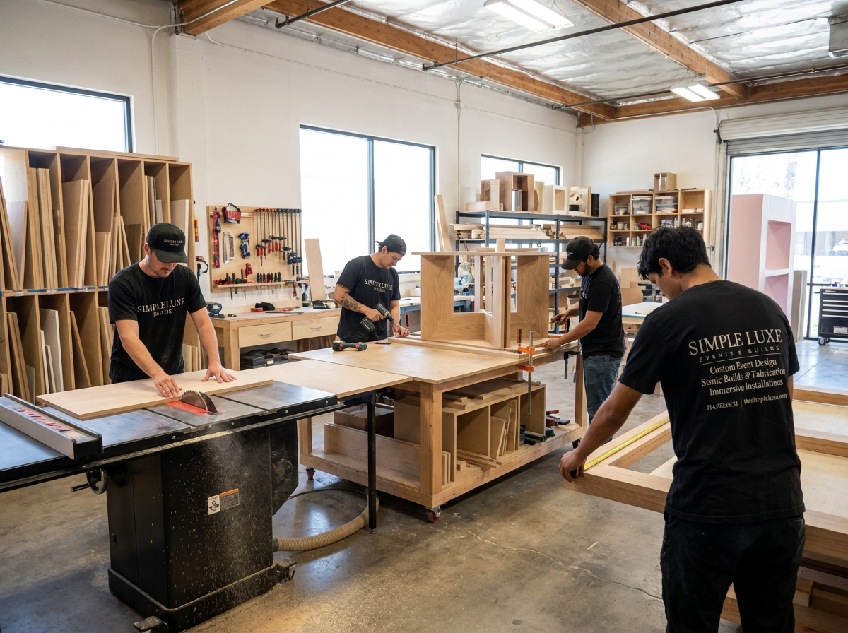 The Simple Luxe Builds team working in the fabrication workshop