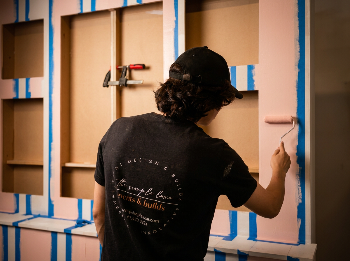 Team member painting a custom shelving unit in the workshop