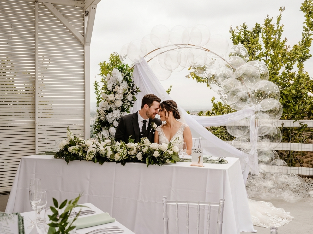 Wedding reception with bride and groom at sweetheart table