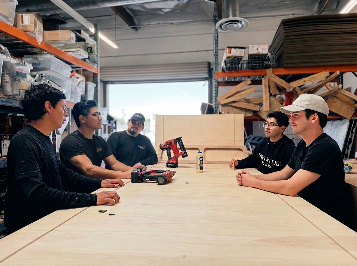 The Simple Luxe builds team gathered around a custom wood table in the workshop