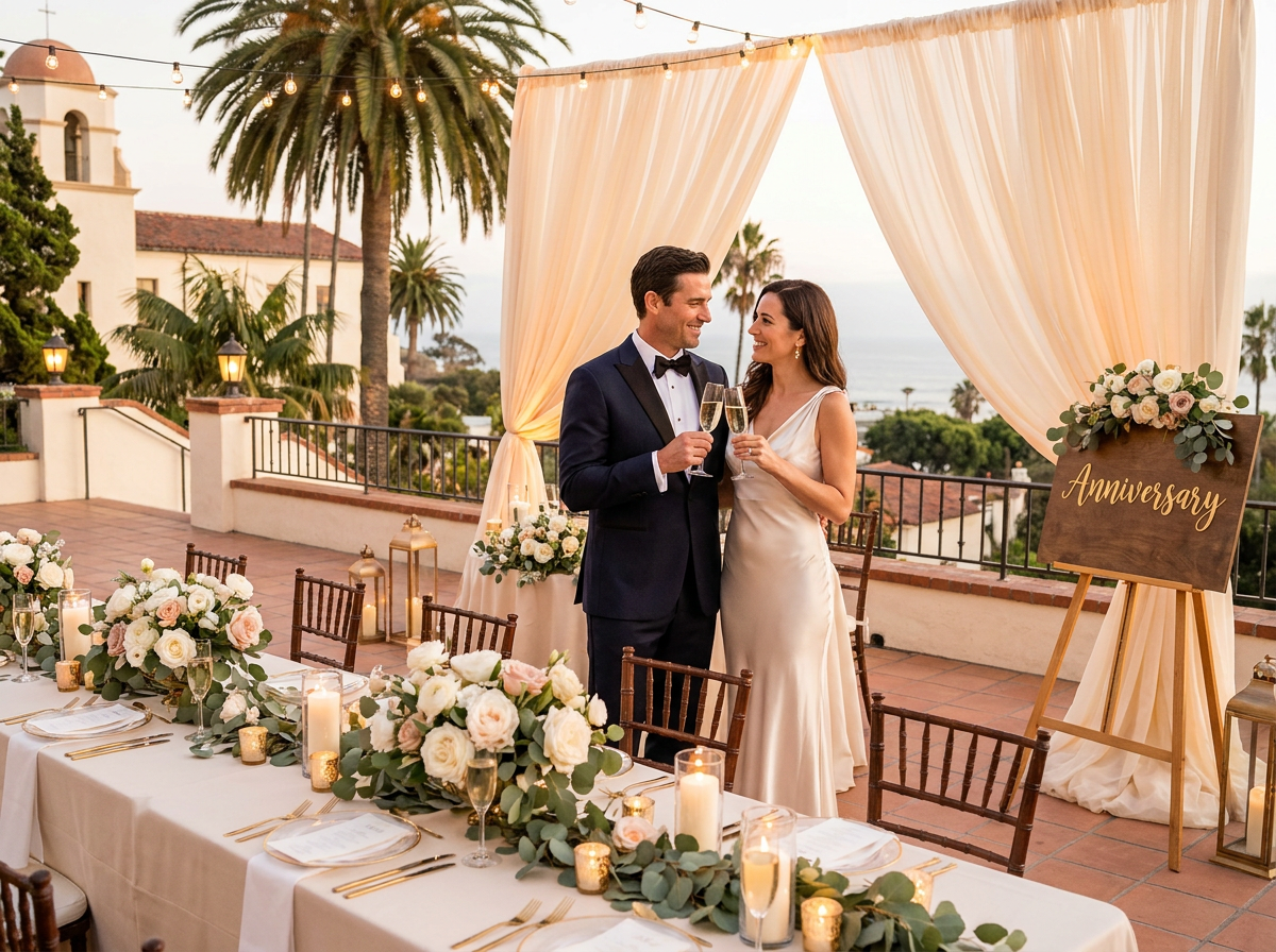 Elegant anniversary celebration with couple, florals, and candlelit tablescapes