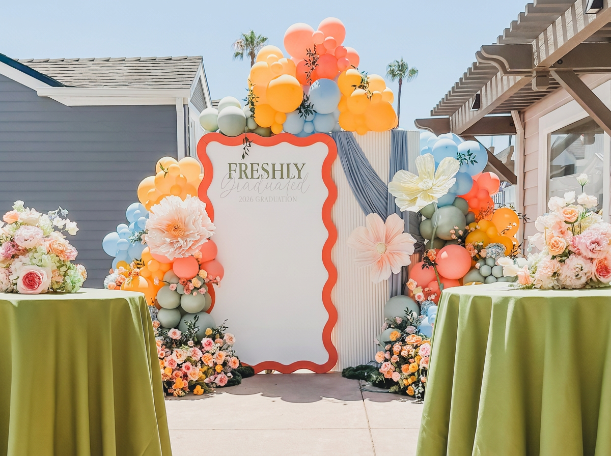 Freshly Graduated celebration with colorful balloon garland, custom wavy backdrop, florals and styled tables