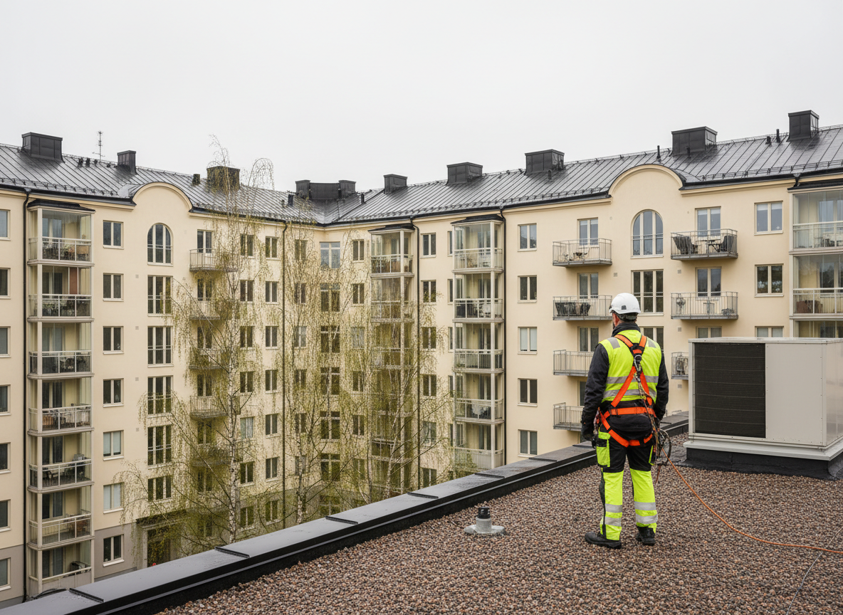 Person med skyddsutrustning på tak i svensk bostadsmiljö