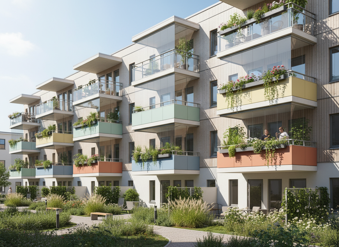 Bostadshus med balkonger och grönska