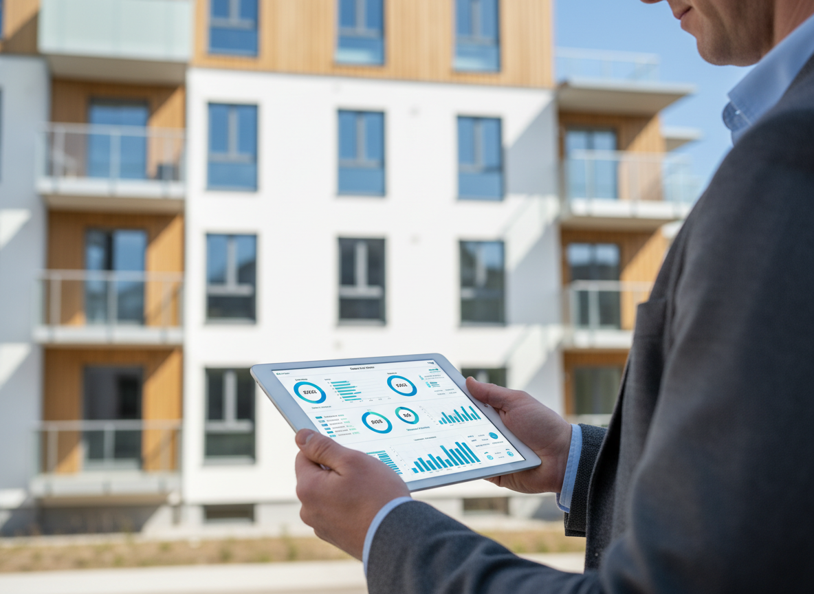 Förvaltare med surfplatta framför modern fastighet – digital hyresgästkommunikation