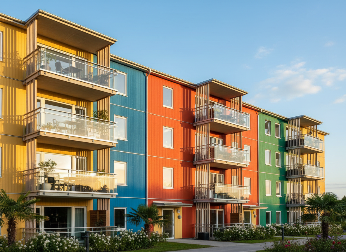 Bostadshus med färgglada balkonger i solsken