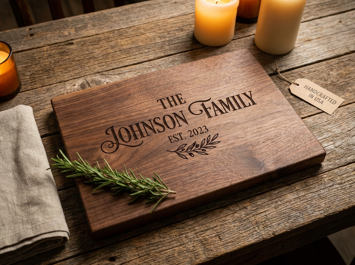 Finished personalized engraved wood cutting board with family name on a rustic farmhouse table, styled as a handcrafted gift from Fox Tree Creations Alabama