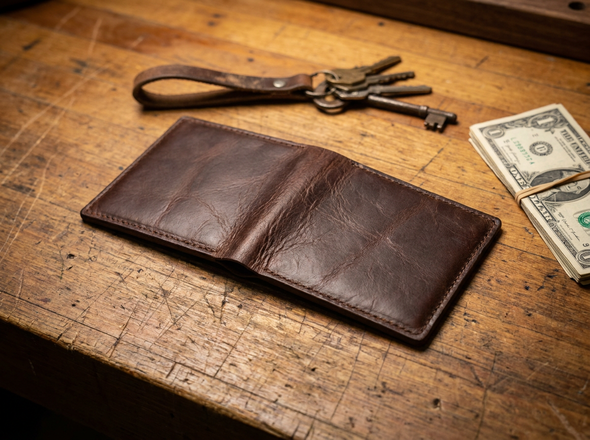 Slim minimalist full grain leather card wallet in dark brown on a rustic wood surface next to keys and folded cash — handmade everyday carry by Fox Tree Creations