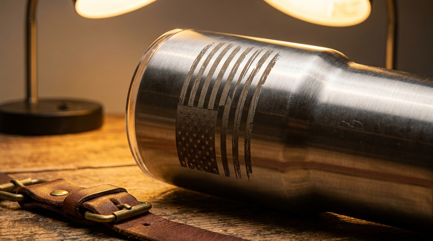 Close-up of laser engraving detail on a stainless steel tumbler showing American flag design, Fox Tree Creations Alabama workshop