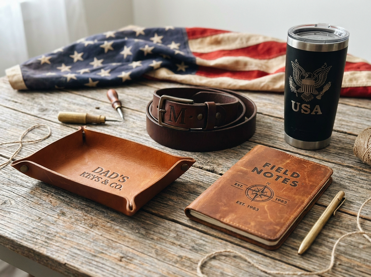 Flat lay of personalized handcrafted leather gifts for men — belt, valet tray, field notes cover, and engraved tumbler by Fox Tree Creations