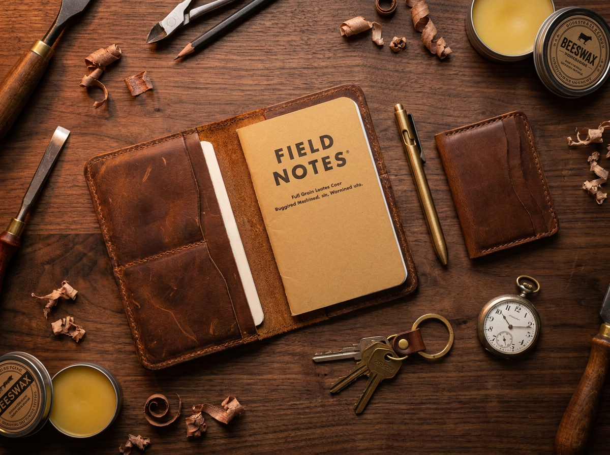 Full grain leather field notes cover styled as an EDC everyday carry flat lay with leather wallet, brass pen, and keys on dark walnut wood