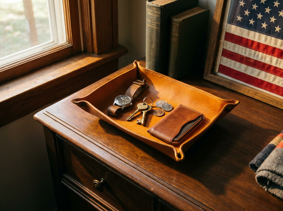 Close-up of hands hand-stitching a full grain leather bifold wallet at a craftsman's workbench — handmade leather goods, Fox Tree Creations Alabama