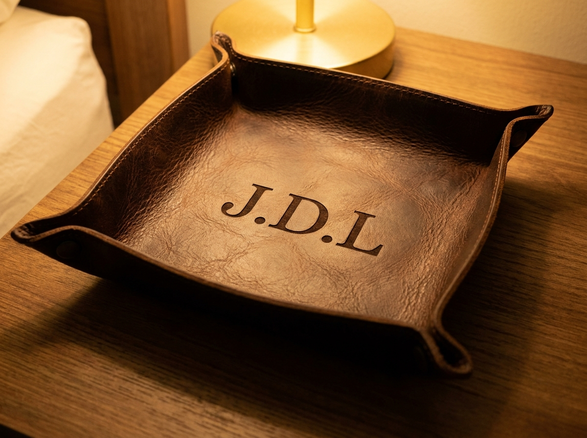 Close-up of laser-engraved monogram initials on a full grain leather valet tray — Fox Tree Creations personalized leather goods