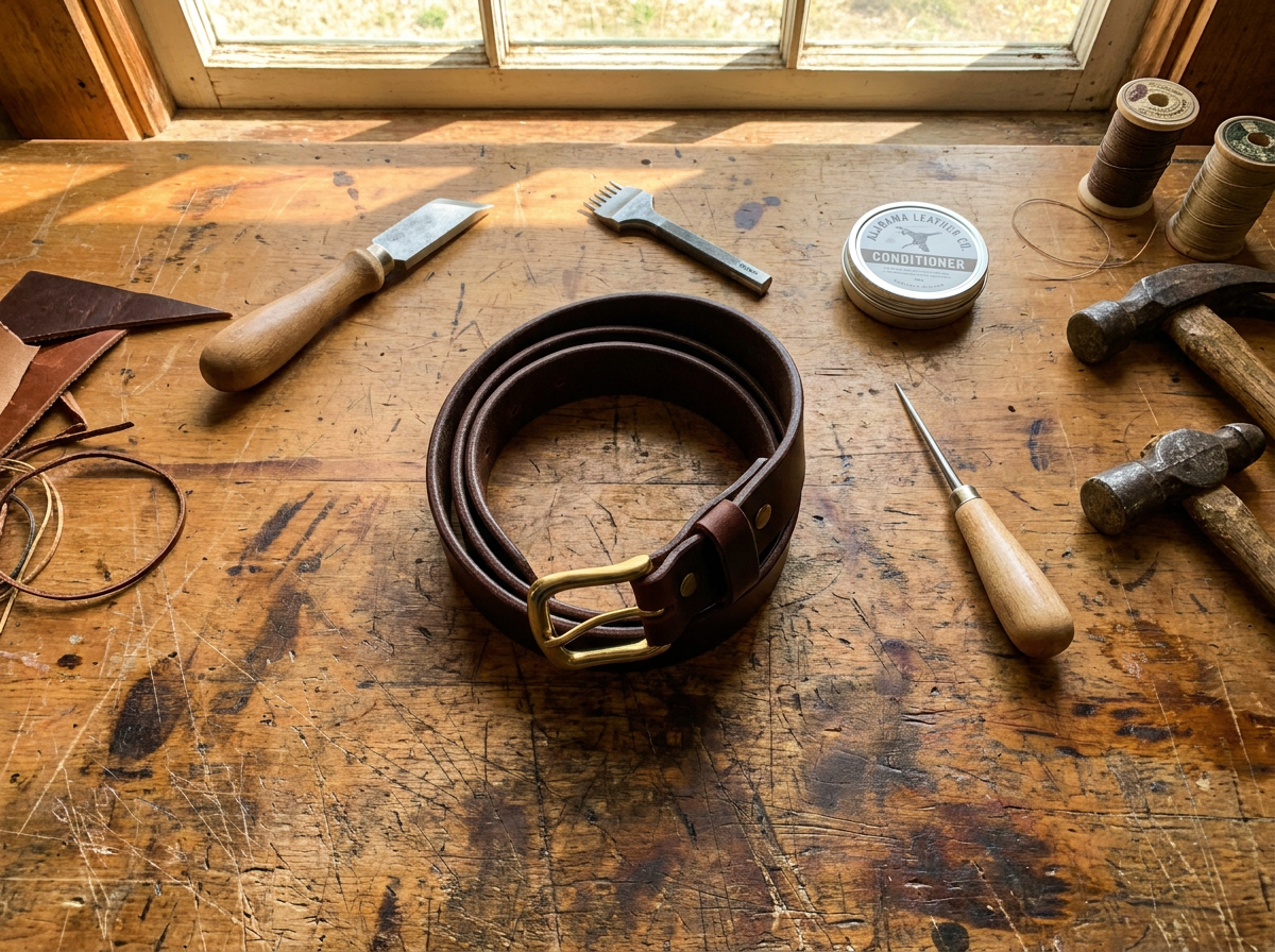 Rustic leather workshop flat lay with finished dark brown leather belt, edge beveler, stitching tools, and conditioner on wooden workbench