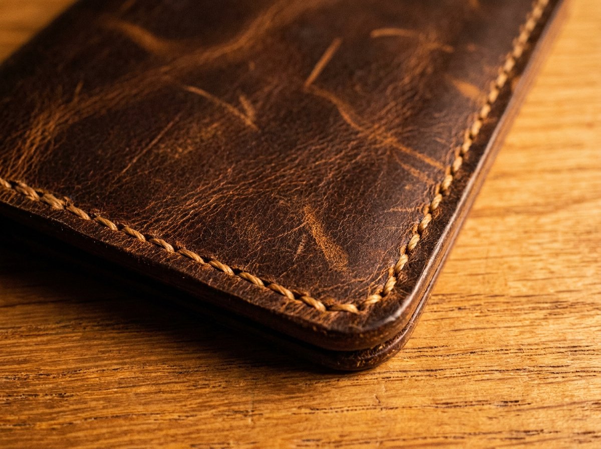Close-up of hand-stitched saddle stitch edges on a full grain leather field notes cover with rich natural leather grain texture