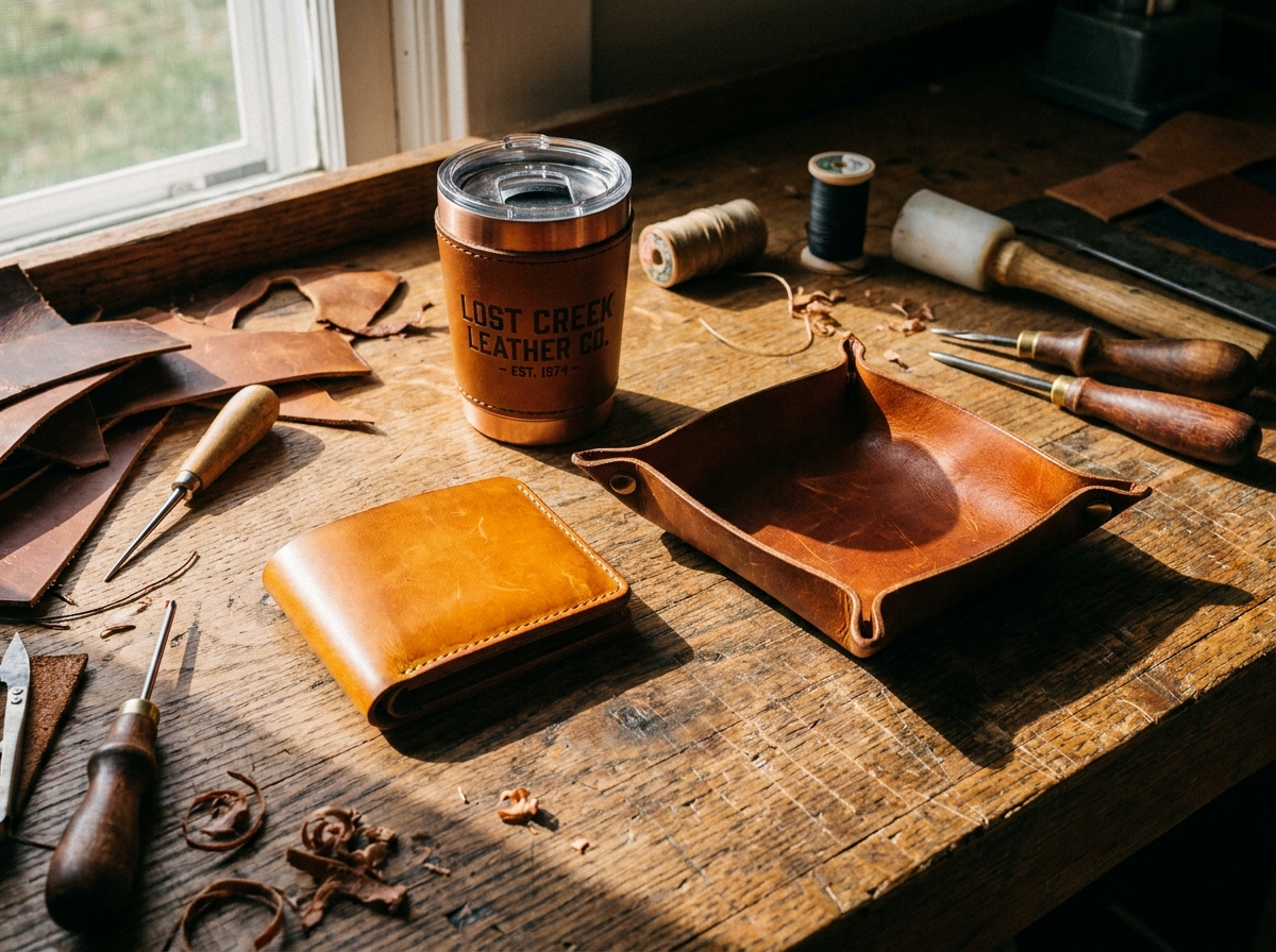 Handcrafted custom leather gifts for men including wallet, valet tray, and engraved tumbler arranged on an Alabama workshop workbench