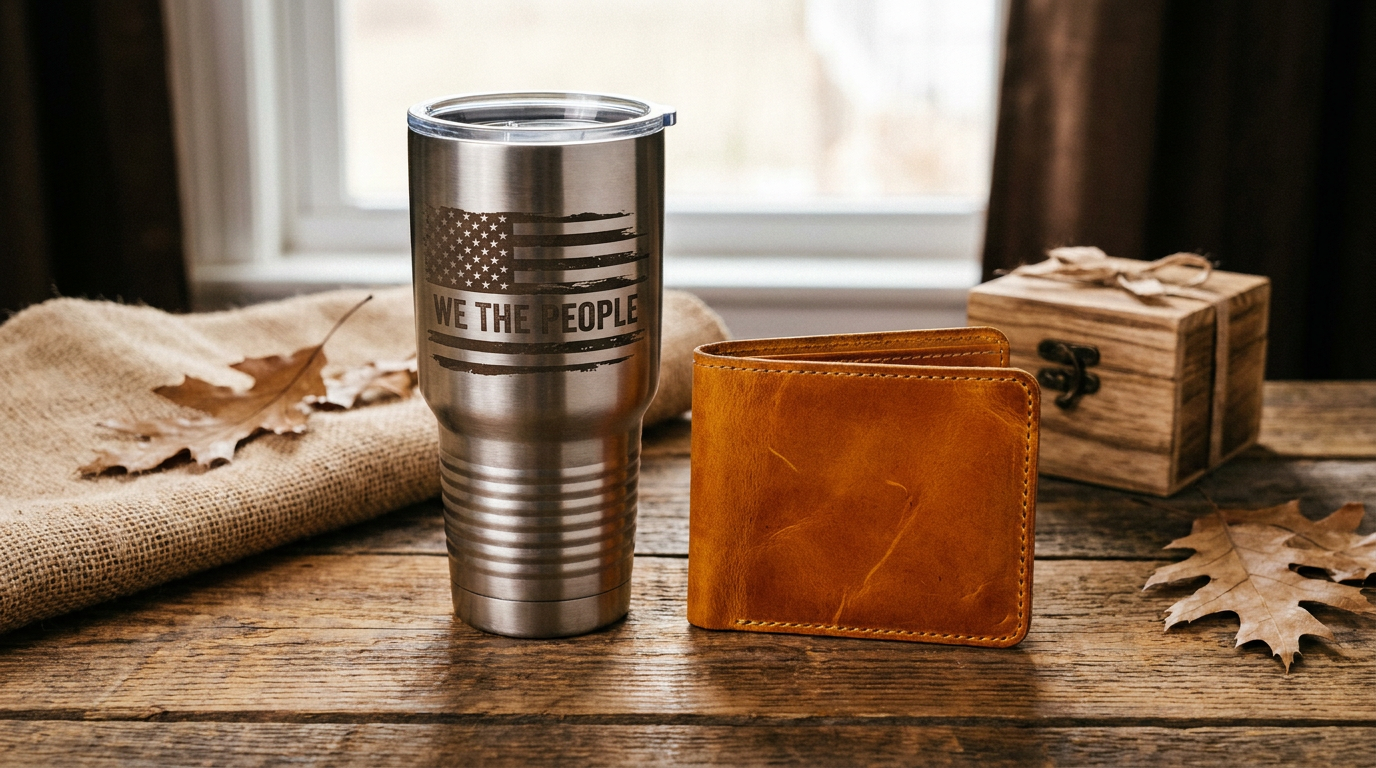 Custom laser engraved tumbler and handcrafted full grain leather wallet — personalized gifts for men from Fox Tree Creations Alabama