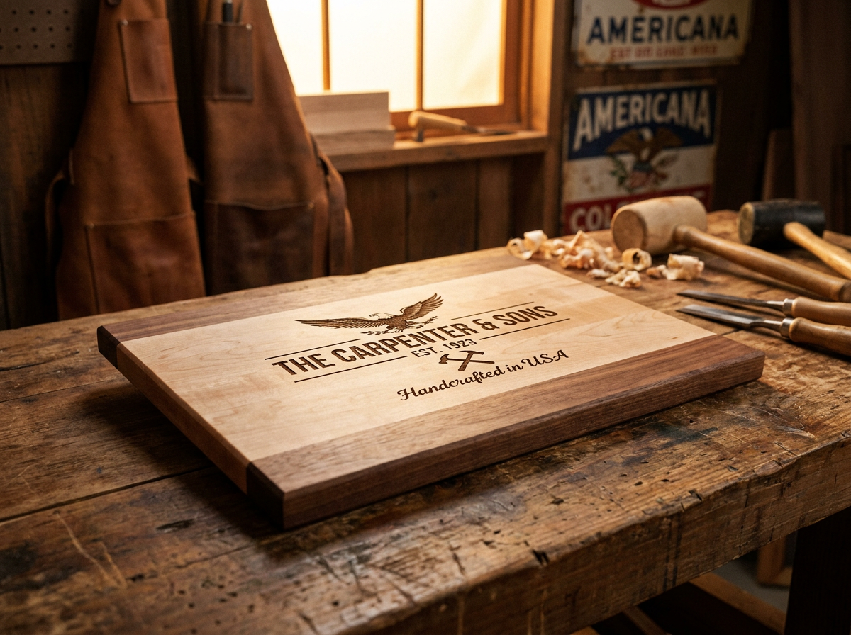 Personalized laser-engraved hardwood cutting board on a rustic workbench in an Alabama craftsman workshop — Fox Tree Creations