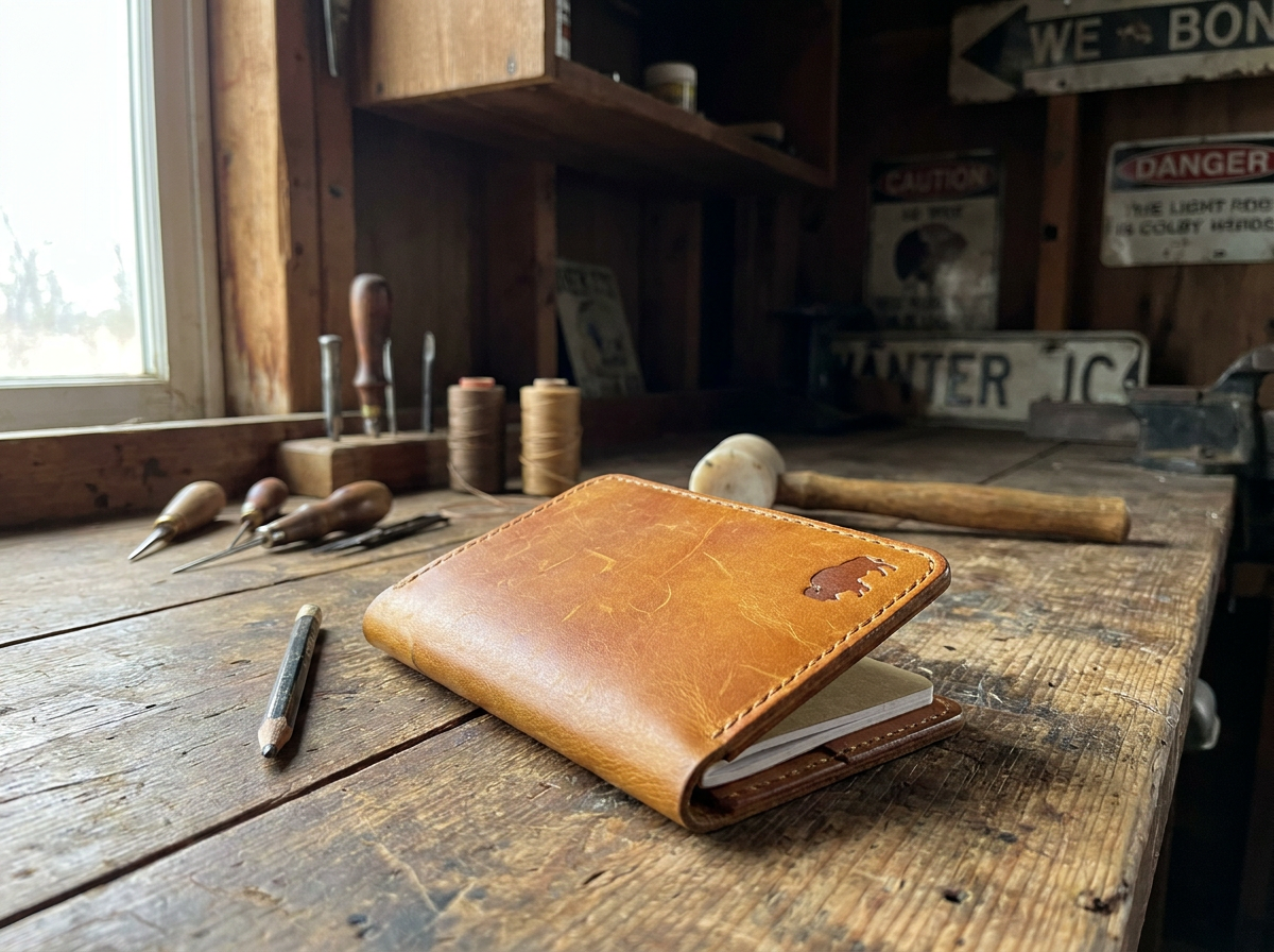 Handcrafted full grain leather field notes cover resting on a rustic wooden workbench in an Alabama craftsman workshop
