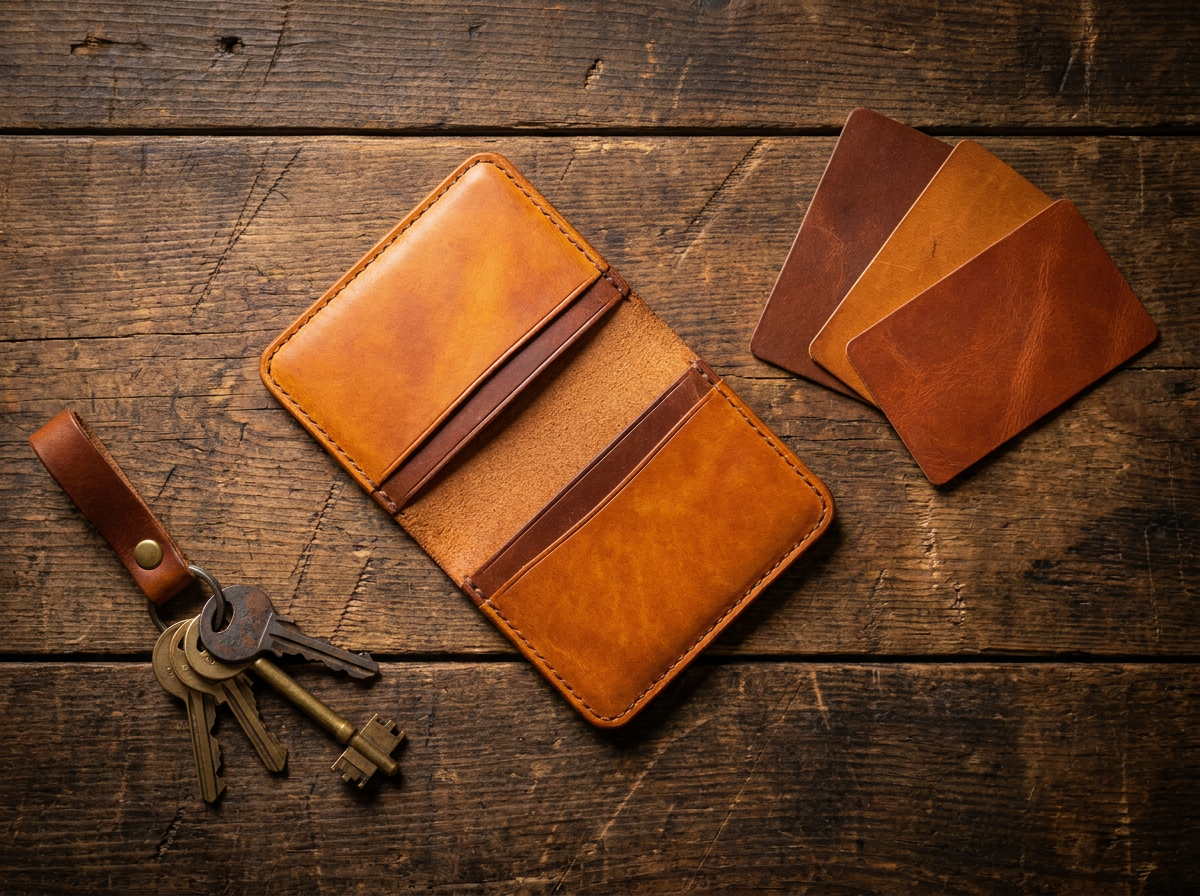 Slim full grain leather card wallet flat lay with keys and cards on dark wood — Fox Tree Creations minimalist everyday carry