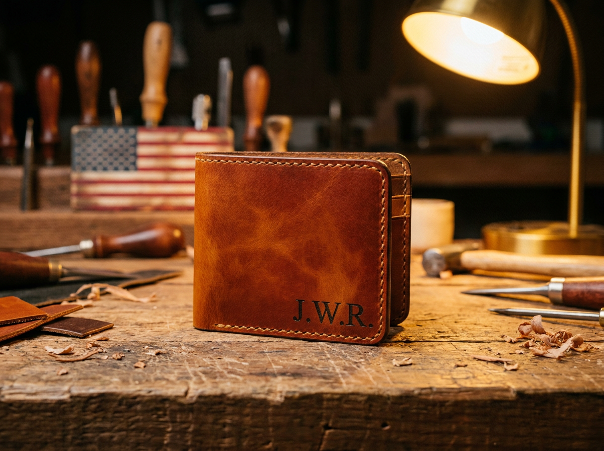 Personalized handmade leather wallet with laser-engraved initials on the front cover, resting on a rough-hewn wooden workbench in an Alabama craftsman workshop