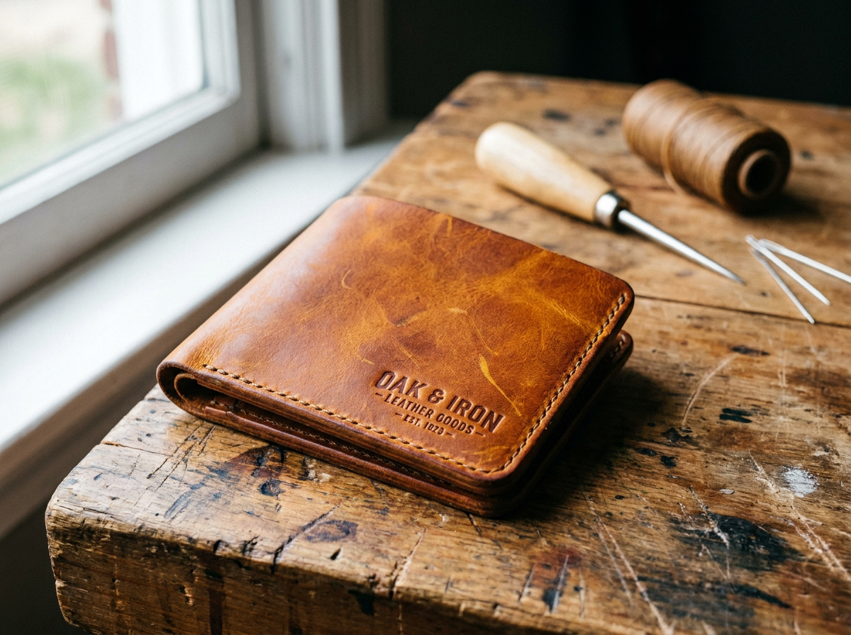 Full grain leather bifold wallet resting on a workshop bench with leather tools — handmade by Fox Tree Creations in Alabama