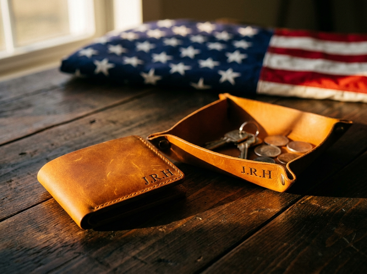 Personalized full grain leather bifold wallet and custom engraved valet tray with monogram initials — handmade by Fox Tree Creations in Alabama
