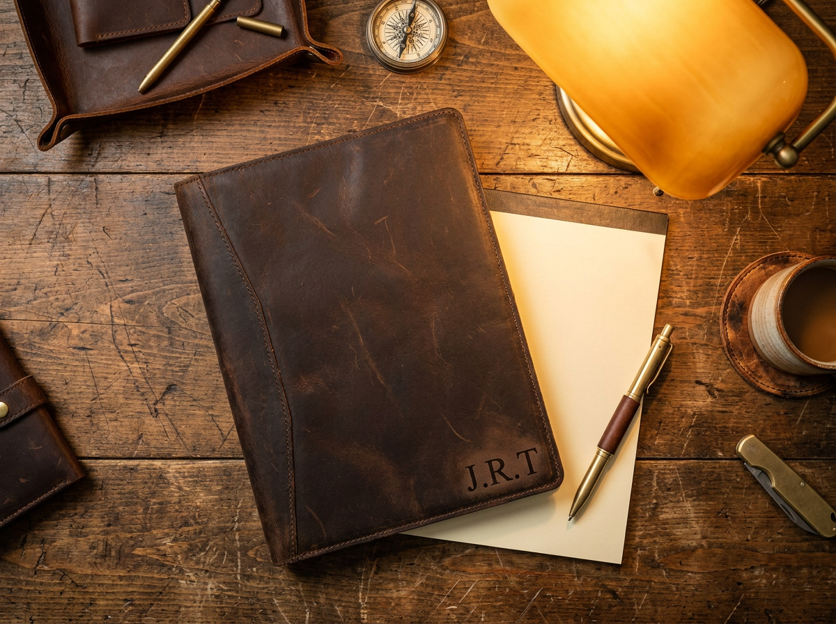 Dark brown leather portfolio with laser engraved monogram beside a notepad and pen on a rustic wooden desk